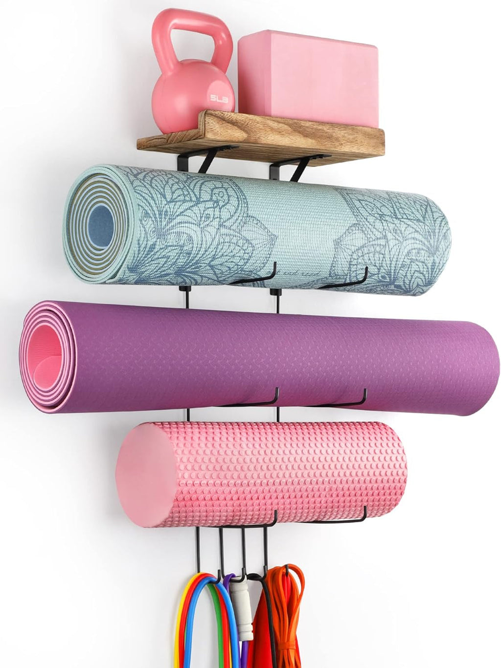 Wall-Mounted Yoga Mat Rack – 4 Hooks & Wooden Shelves Organizer