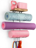 Wall-Mounted Yoga Mat Rack – 4 Hooks & Wooden Shelves Organizer