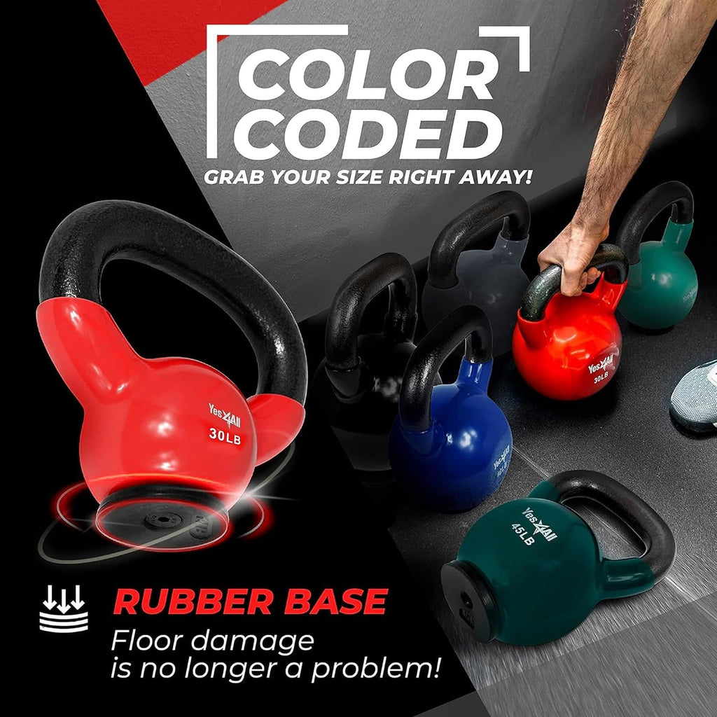 Yes4All Kettlebells with Rubber Base – 10–65LB Strength Set