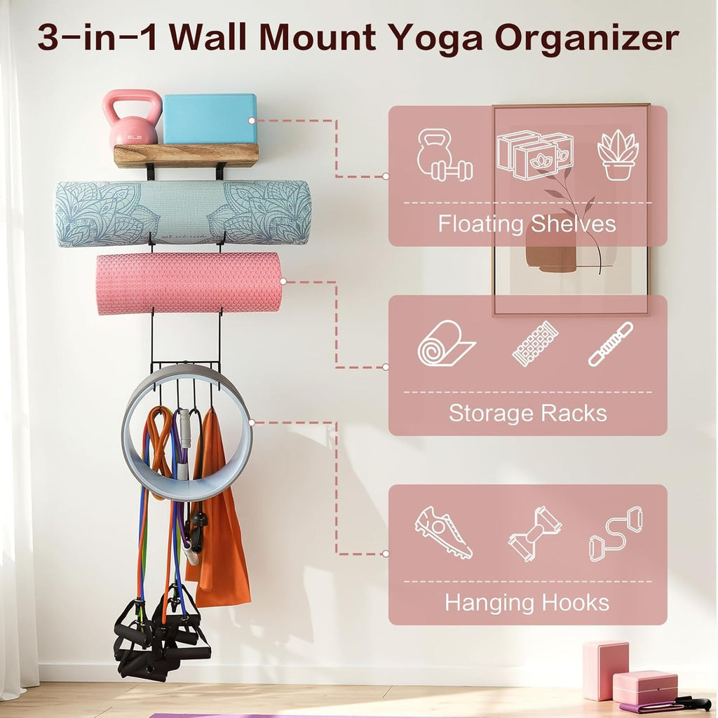 Wall-Mounted Yoga Mat Rack – 4 Hooks & Wooden Shelves Organizer