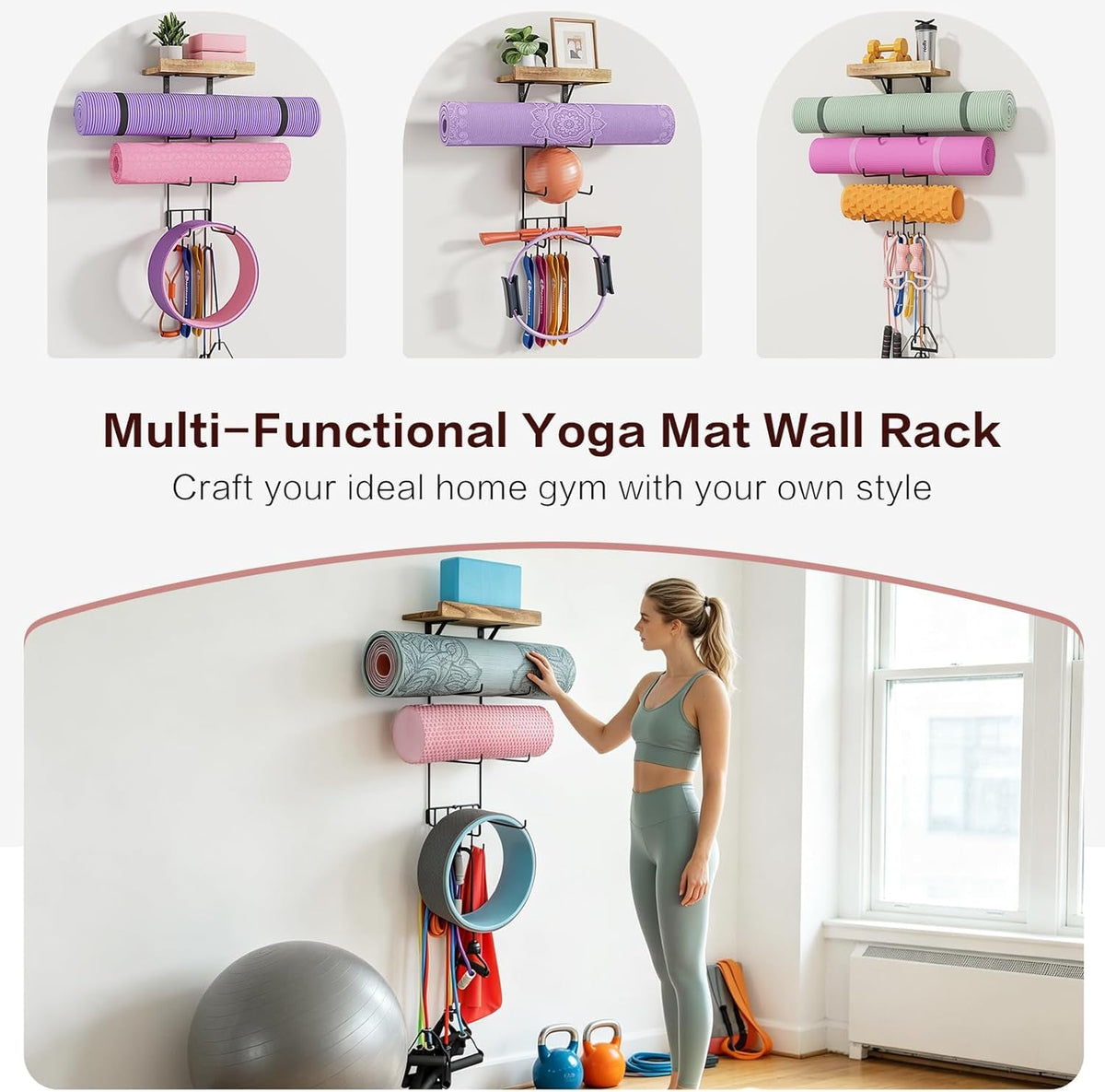 Wall-Mounted Yoga Mat Rack – 4 Hooks & Wooden Shelves Organizer