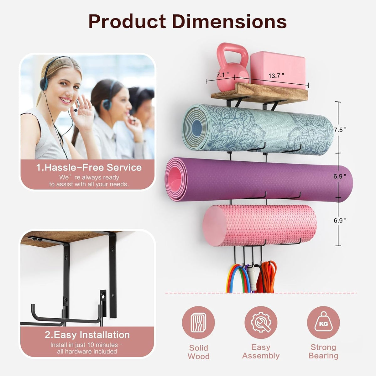 Wall-Mounted Yoga Mat Rack – 4 Hooks & Wooden Shelves Organizer