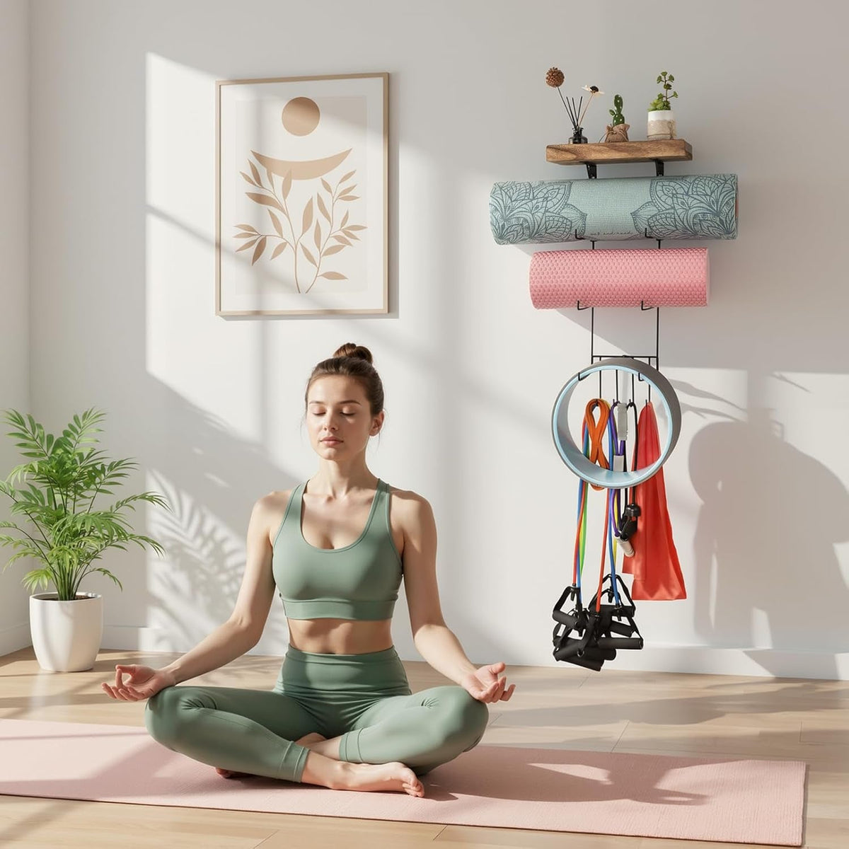 Wall-Mounted Yoga Mat Rack – 4 Hooks & Wooden Shelves Organizer