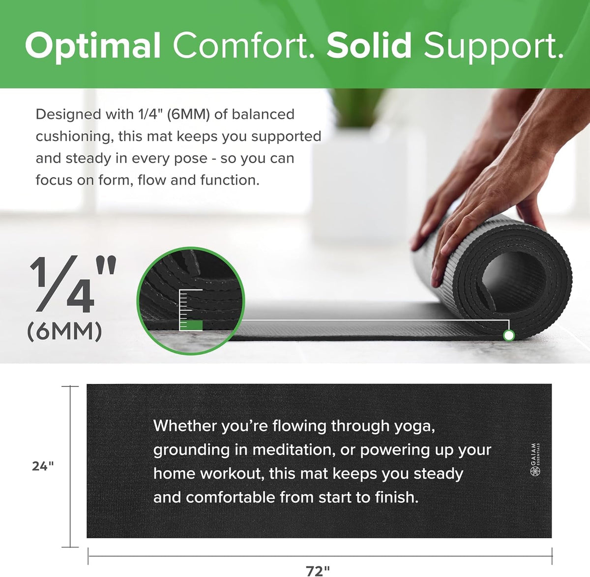 Gaiam Essentials Yoga Mat – 1/4" Thick 6mm with Carrier Strap