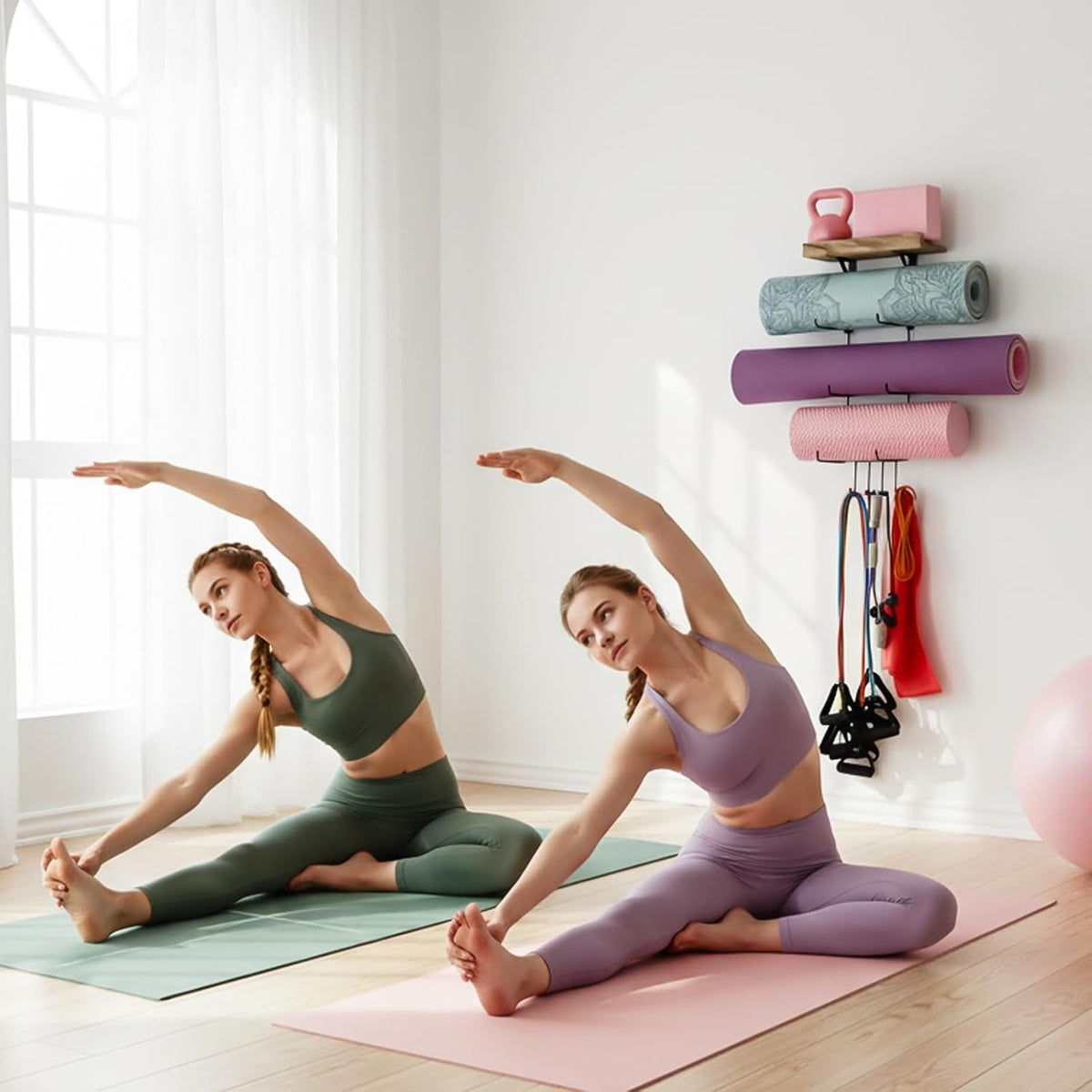 Wall-Mounted Yoga Mat Rack – 4 Hooks & Wooden Shelves Organizer