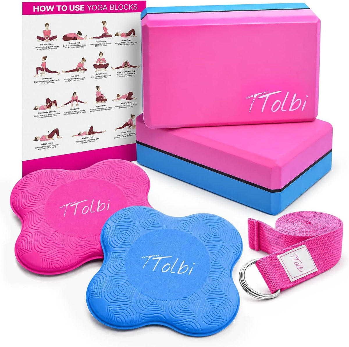 Yoga Blocks 2-Pack with Strap & Guide – Soft Non-Slip EVA Foam