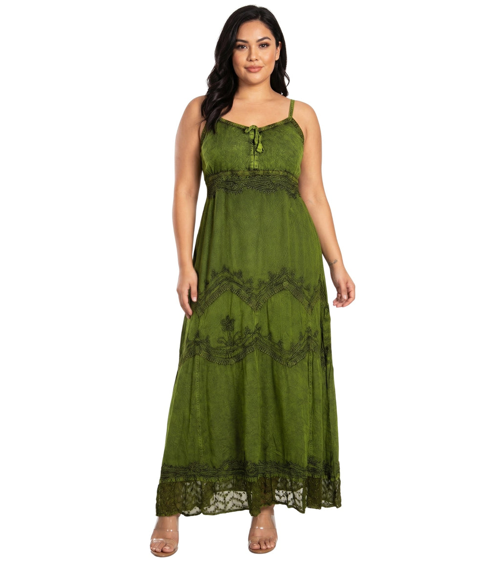 MKY Amy Stonewashed Rayon Embroidered Adjustable Spaghetti Straps Long Dress