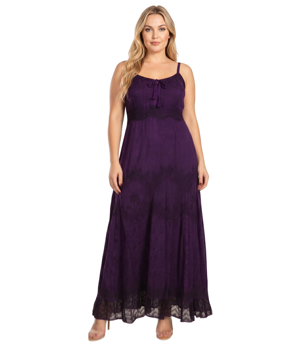 MKY Amy Stonewashed Rayon Embroidered Adjustable Spaghetti Straps Long Dress