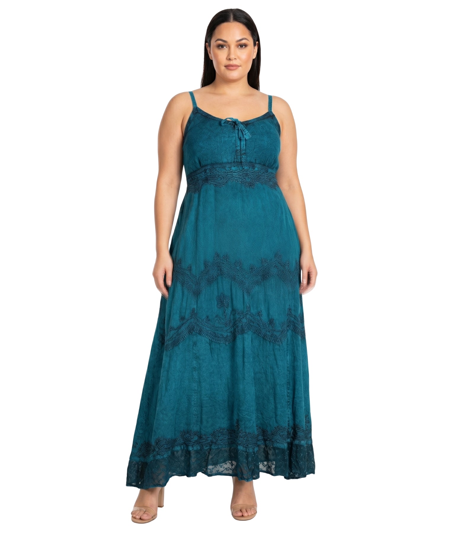 MKY Amy Stonewashed Rayon Embroidered Adjustable Spaghetti Straps Long Dress