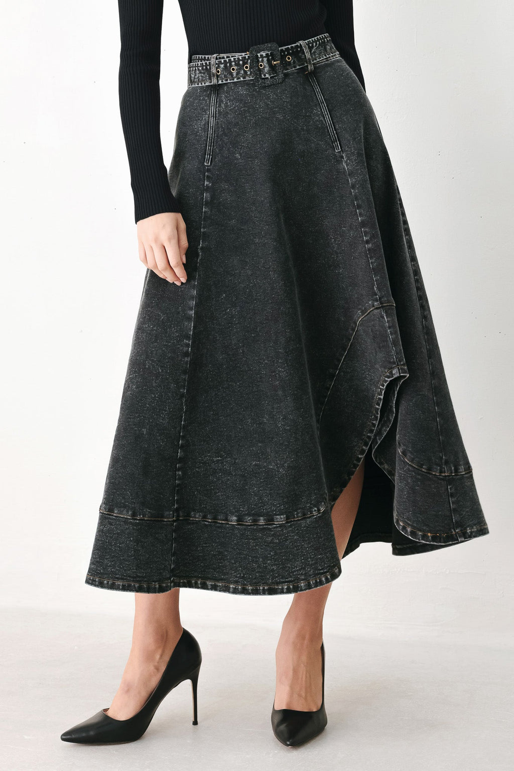 SHADOW STITCH ROMANCE DENIM MIDI SKIRT