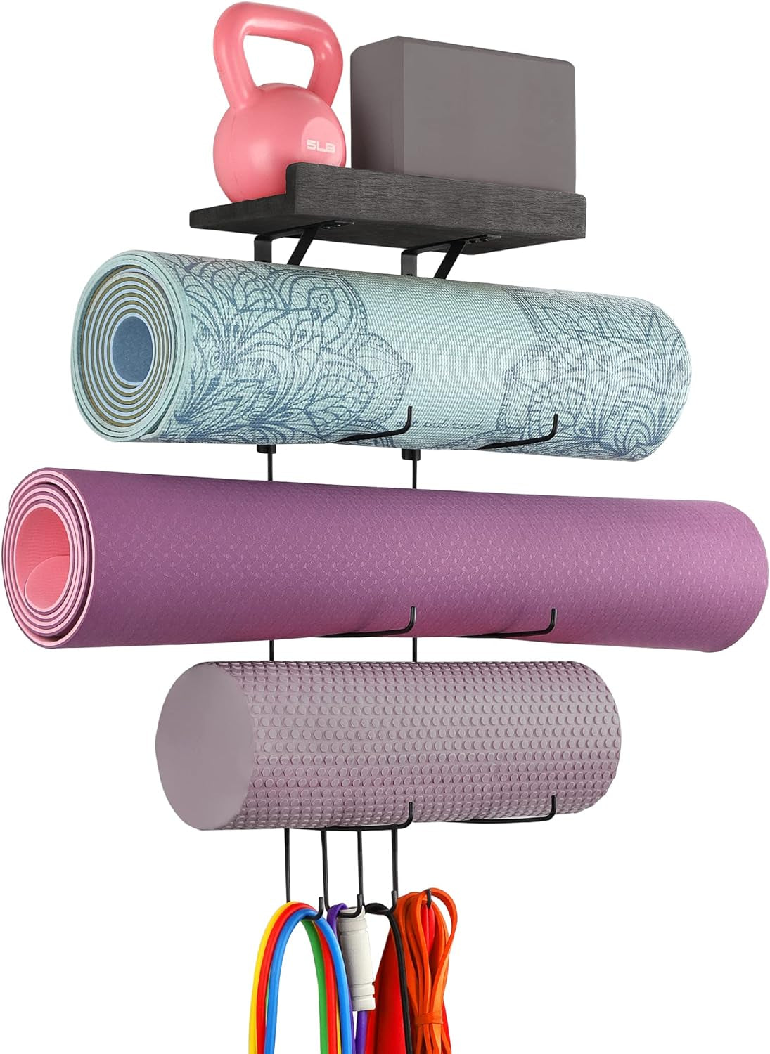 Wall-Mounted Yoga Mat Rack – 4 Hooks & Wooden Shelves Organizer