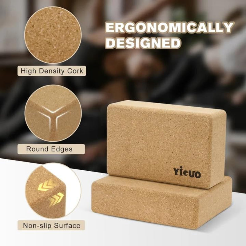 Cork Yoga Blocks 2-Pack – High-Density Non-Slip, 9×6×3"