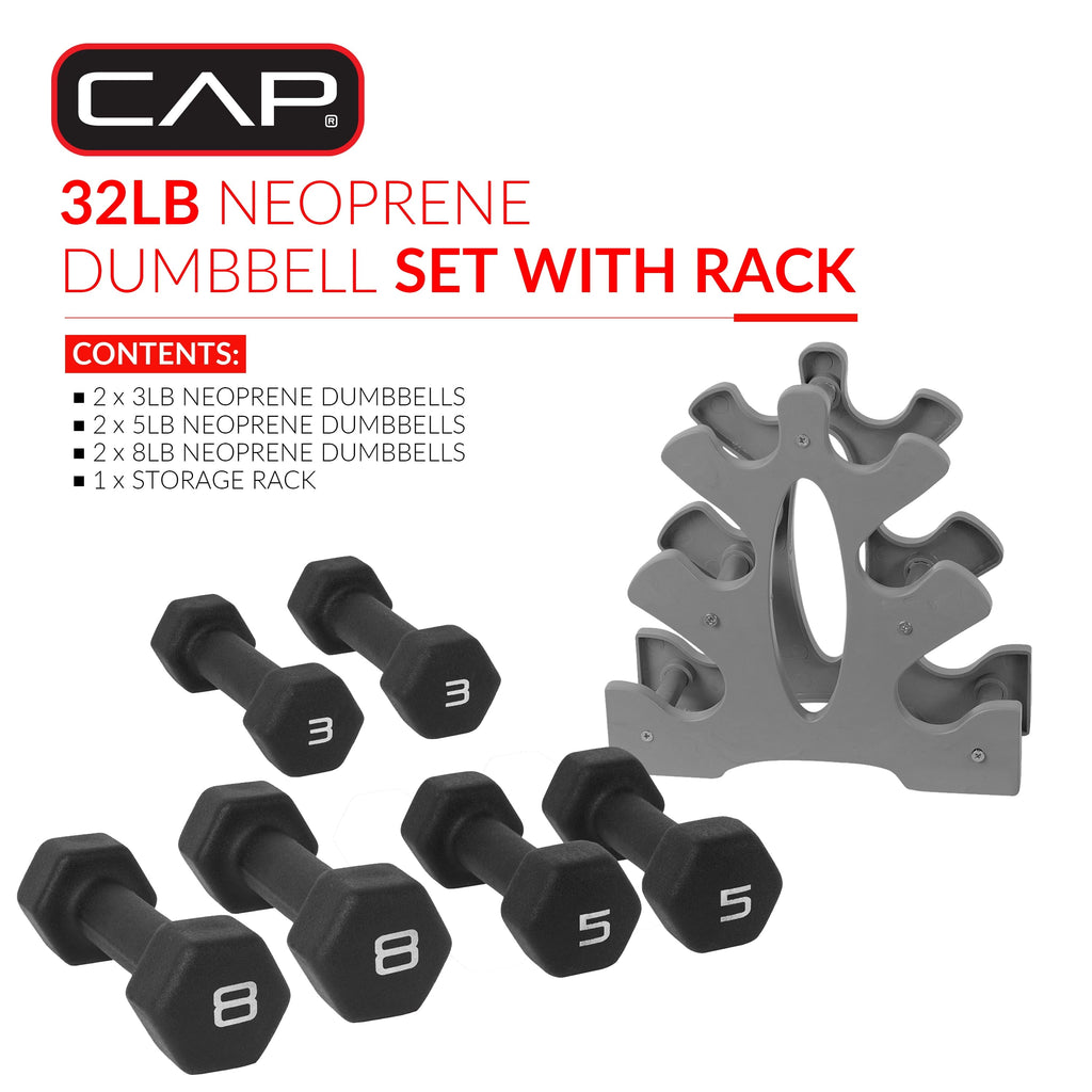 32LB Neoprene Dumbbell Set with Rack – Black