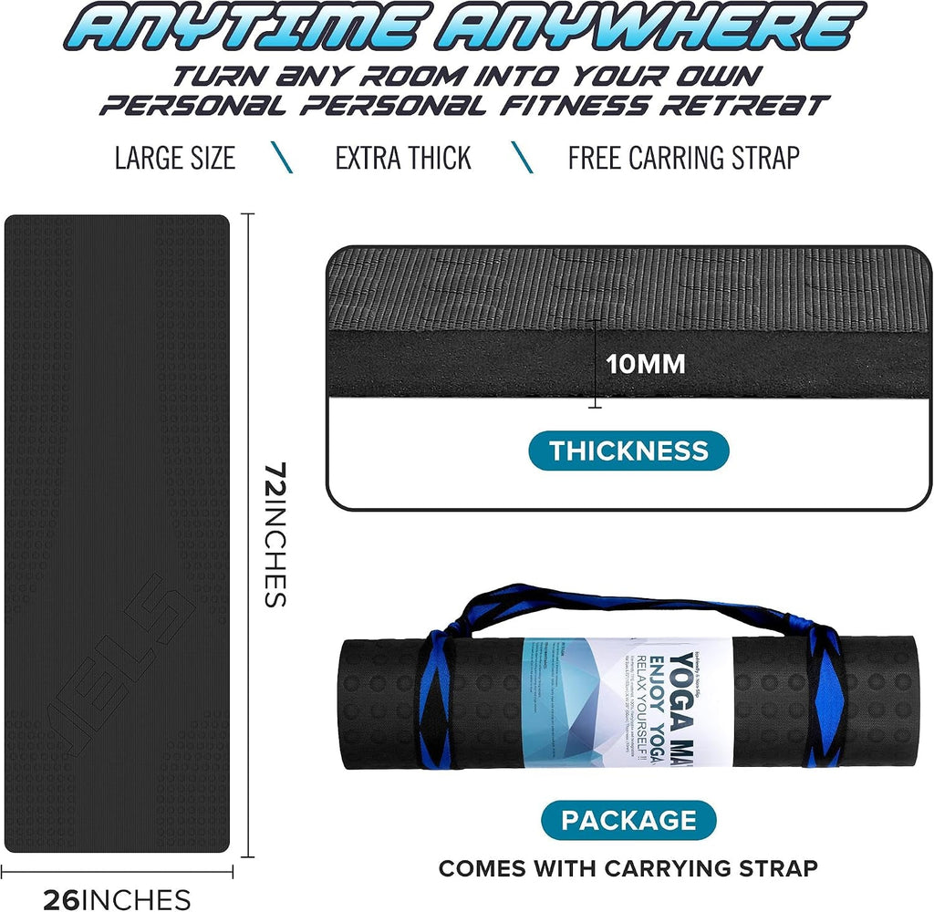 JELS Extra-Thick TPE Yoga Mat – 2/5" Non-Slip 72×26" with Strap