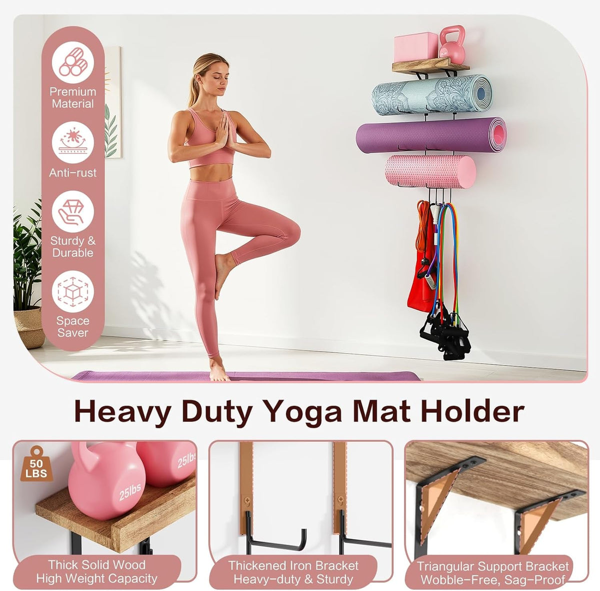 Wall-Mounted Yoga Mat Rack – 4 Hooks & Wooden Shelves Organizer