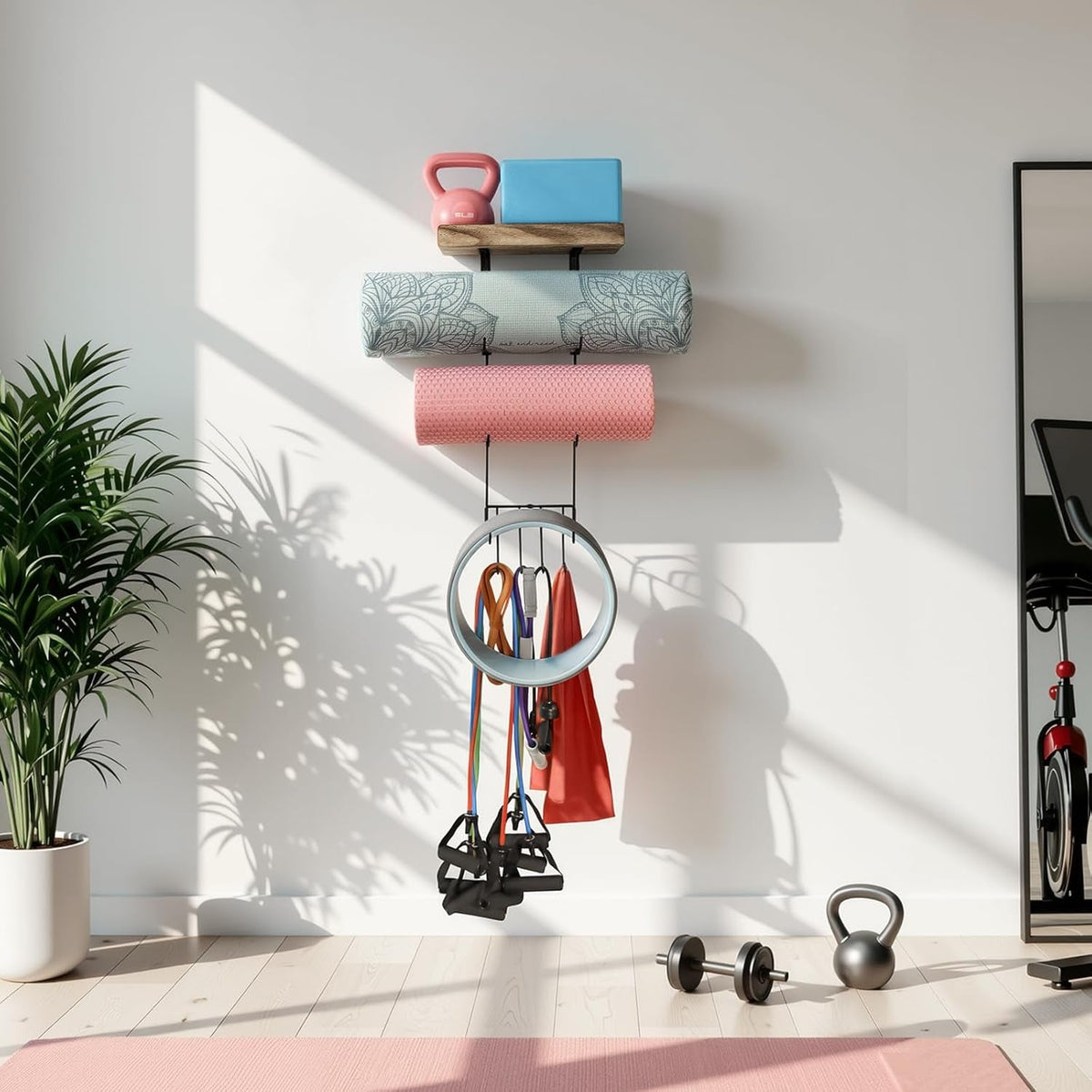 Wall-Mounted Yoga Mat Rack – 4 Hooks & Wooden Shelves Organizer