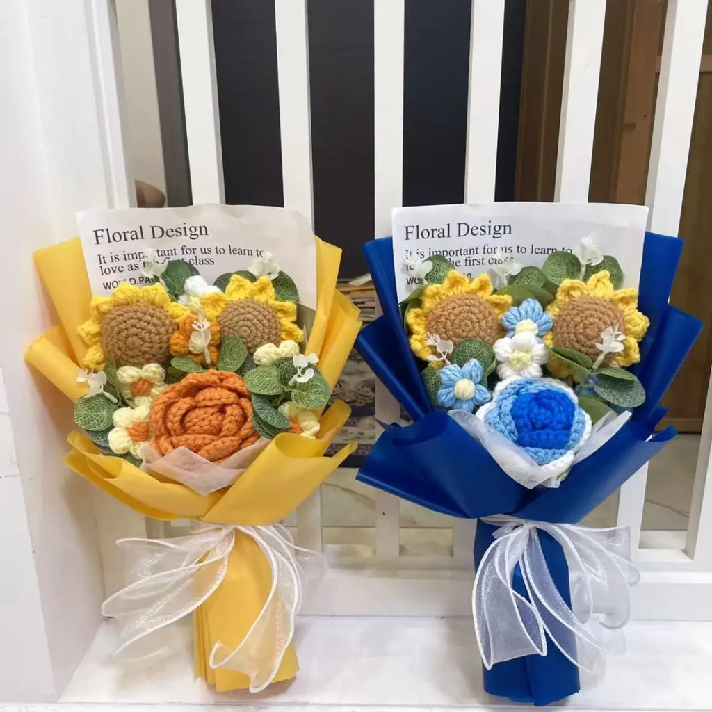 Kawaii Knitted Sunflower & Rose Bouquet – Crochet Gift for Birthday or Graduation